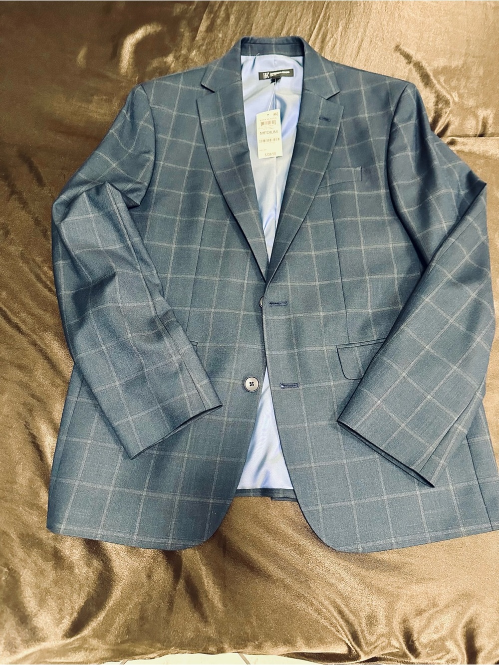 Classic Authentic Ezra Steel Blue Plaid Windowpane Sport Coat Blazer Size Medium